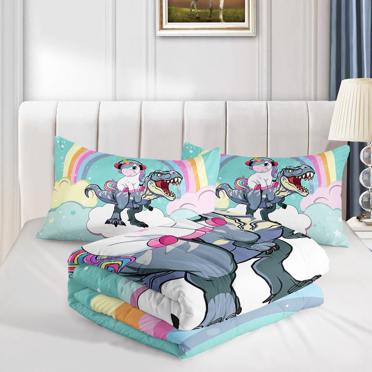 Unicorn Comforter Set 3Pcs Cartoon Dinosaur Kids Bedding Set Rainbow Cloudy Star Bed Set with 1 Comforter and 2 Pillowcases