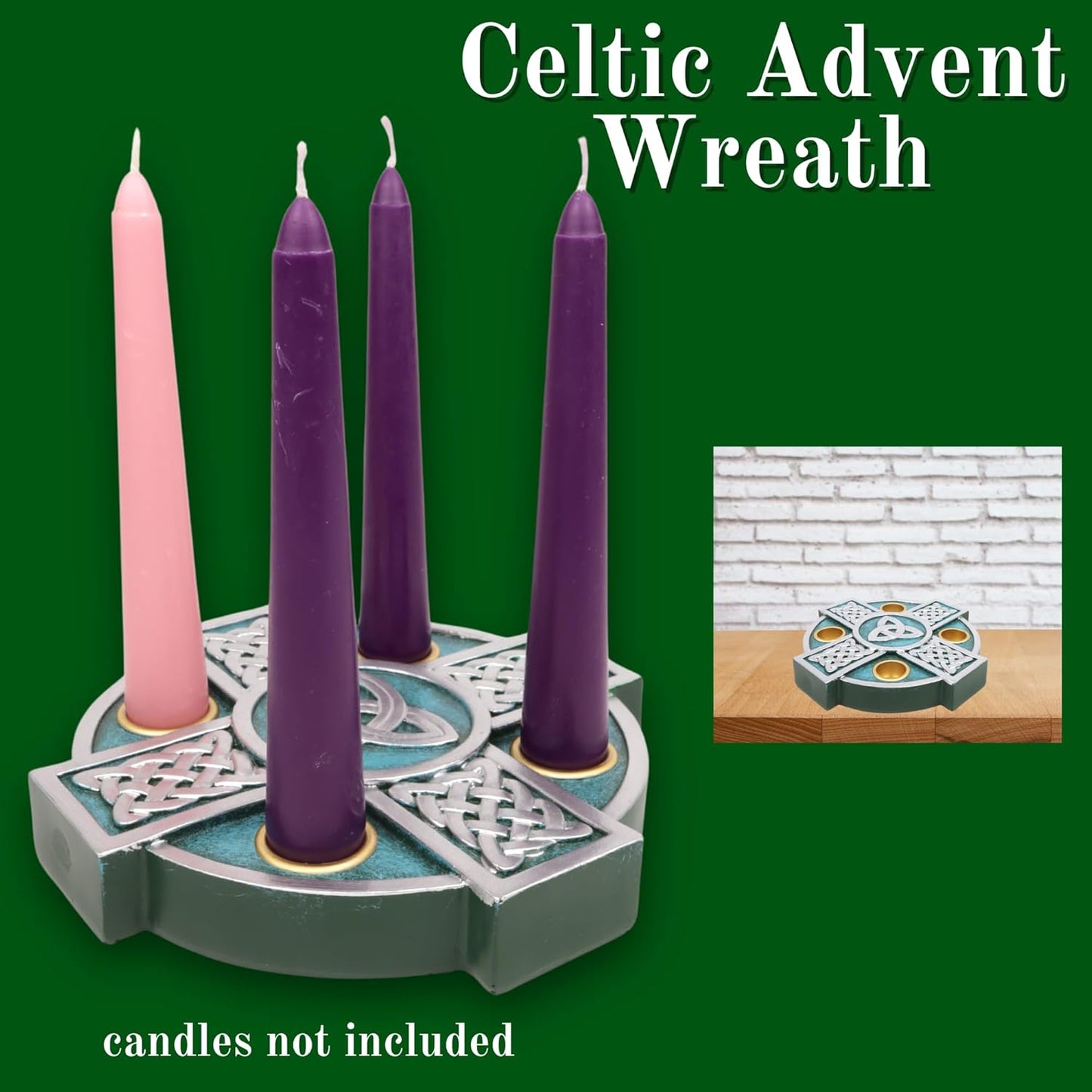 Needzo Advent Wreath - Catholic Christmas Candle Holder | Religious Centerpiece, 6.75" x 6.75", Green Celtic