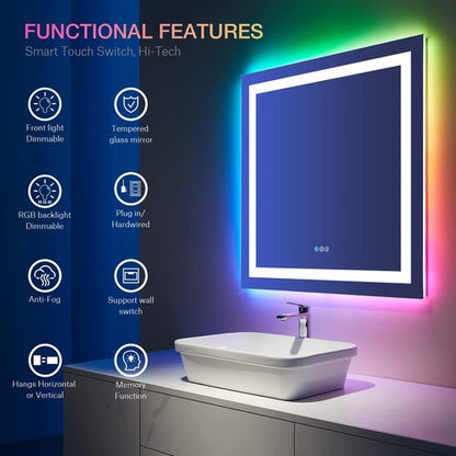 LOAAO 36"X36" LED Bathroom Mirror with Lights, Anti-Fog, Dimmable, RGB Backlit + Front Lighted, Bathroom Vanity Mirror for Wall, Memory Function