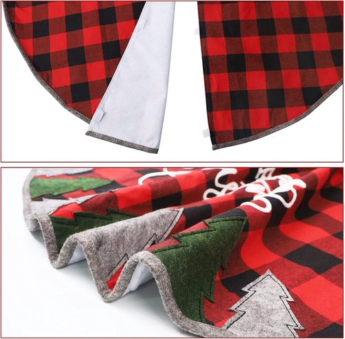 Juegoal 32-Inch Christmas Tree Skirt - Soft Red and Black Plaid Mat for Holiday Decor