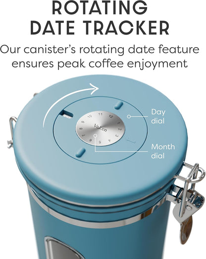 Veken Coffee Canister - Airtight Stainless Steel Container with Window | 22oz Blue for Grounds & Beans
