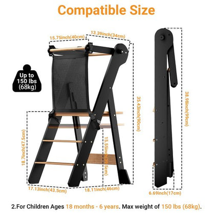 COSYLAND Foldable Toddler Standing Tower - Adjustable Height Folding Step Stool Kid Toddler Kitchen Stool for Learning and Cooking - Ages 18 Months to 6 Years with Safety Net Natural & Charcoal