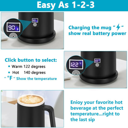 Rommeka Self Heating Coffee Mug, 12oz Temperature Control Smart Mug with Lid, Smart Coffee Mug with LCD Display (122-140°F) for Warming and Heating Coffee, Beverage, Milk, Tea