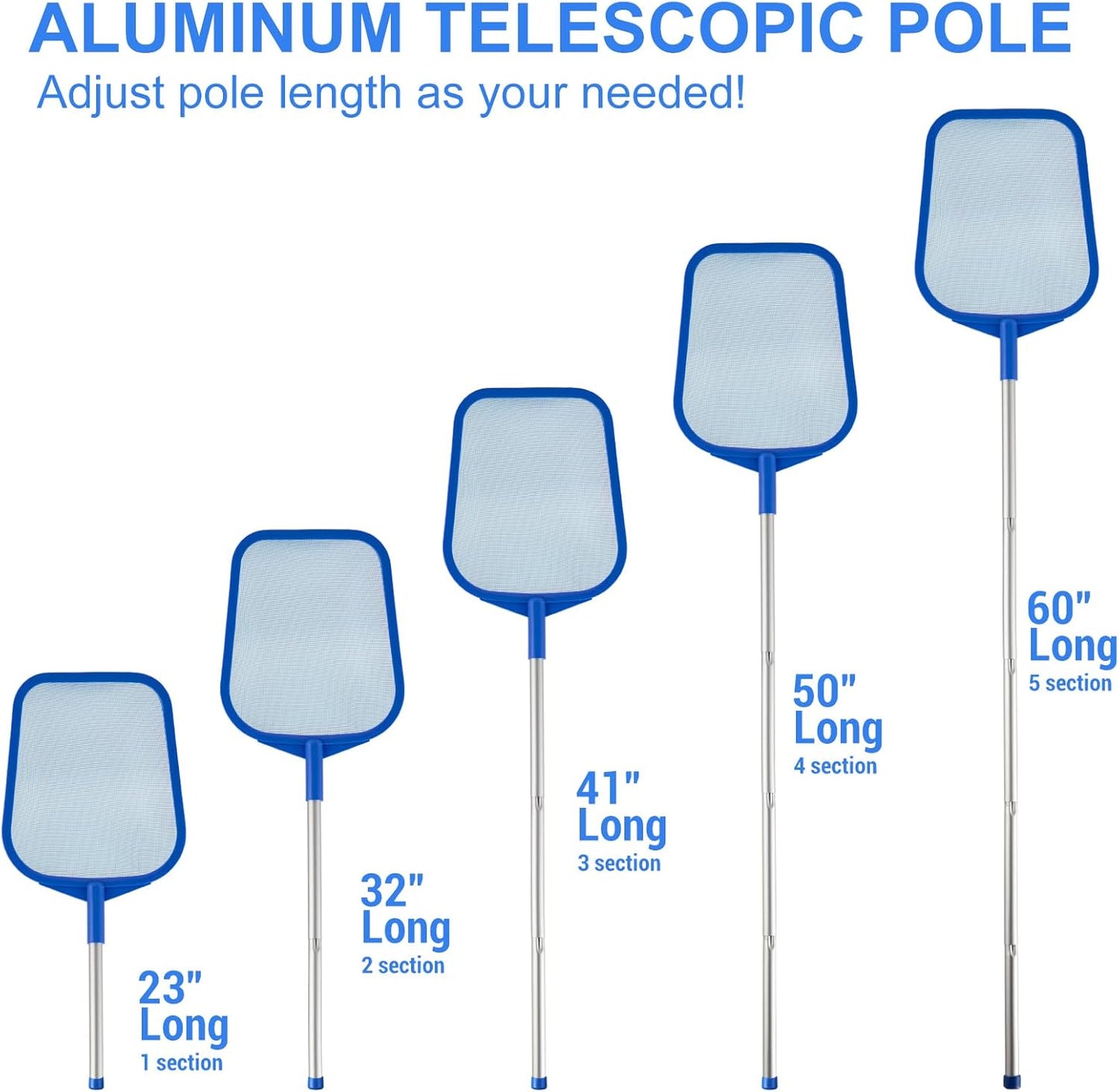 Pool Skimmer | Adjustable Telescopic Aluminum Pole (23''-60'') - Ultra Fine Mesh Net for Pools & Spas