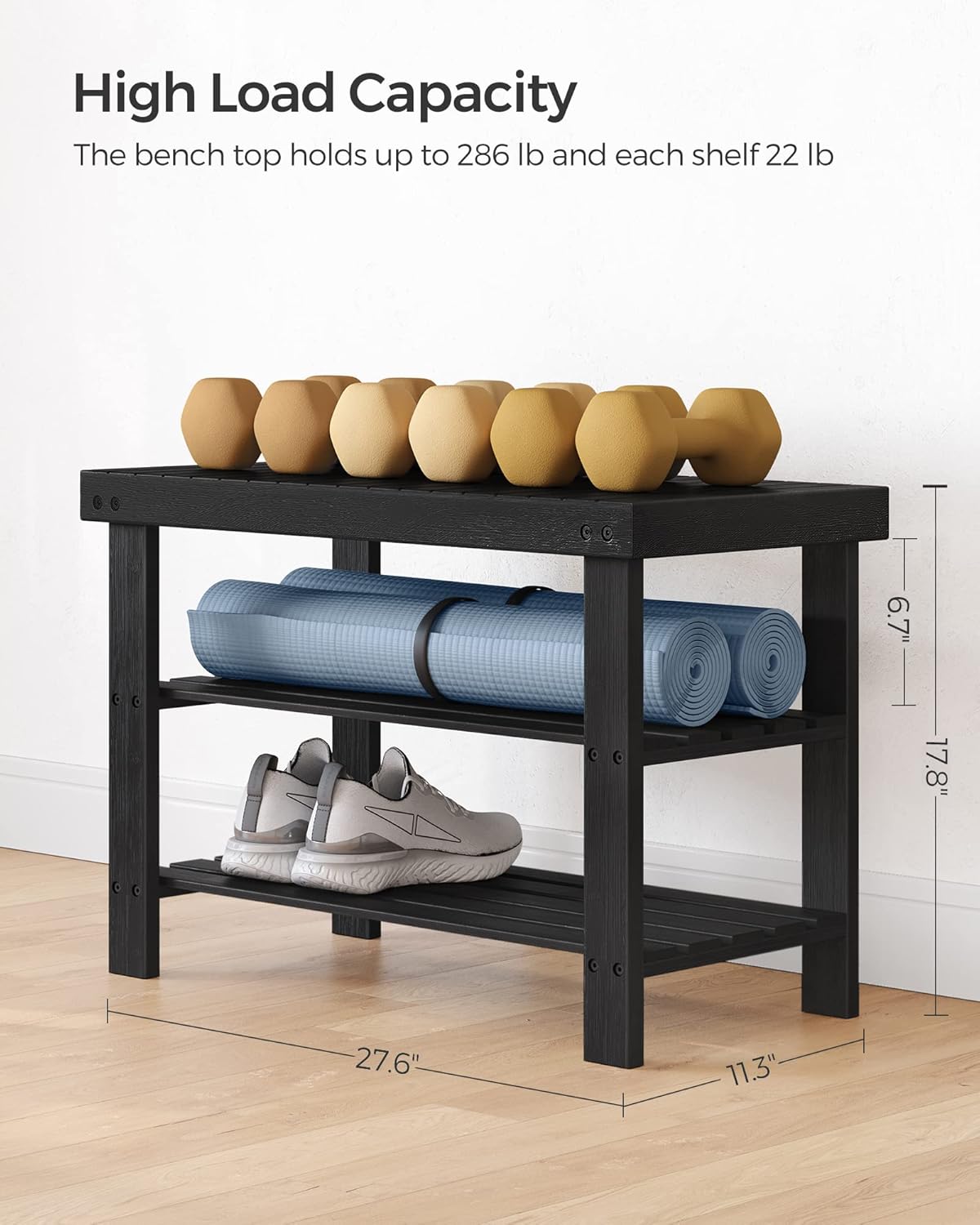 SONGMICS Shoe Rack Bench - 3-Tier Bamboo Storage Organizer | Holds 286 lb - Ink Black, 11.3 x 27.6 x 17.8 Inches