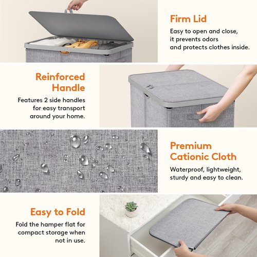 Lifewit 165L Large Laundry Basket with Lid, Laundry Hamper with Plastic Handles and Removable Bag, Foldable Tall Dirty Clothes Hampers for Laundry for Laundry Room, Bedroom, Bathroom, Dorm, Light Gray