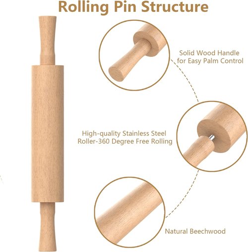 Classic Wooden Rolling Pin - 17" Beechwood with Handle & Pastry Mat | Ideal for Baking Pies, Cookies, & Pizza