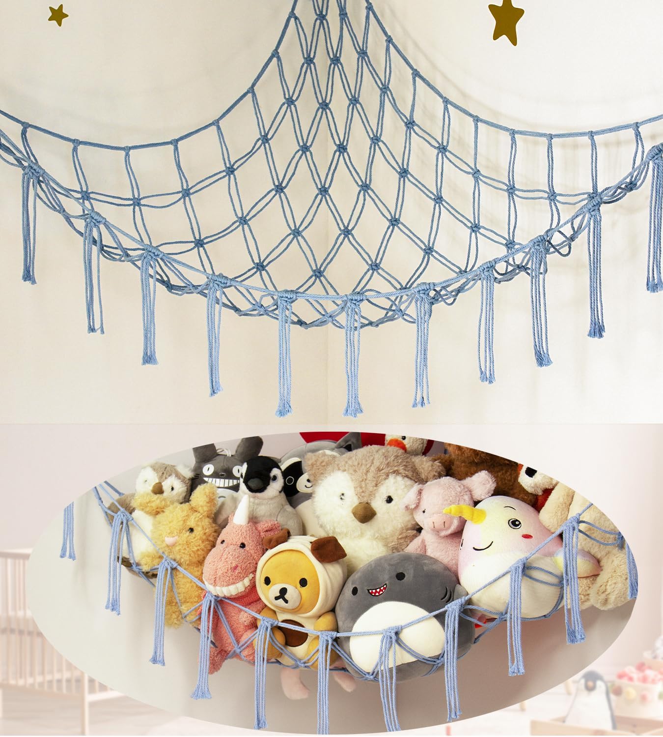 Mirolam Stuffed Animal Storage Hammock - Large Blue Plush Net for Organizing Toys & Room Decor