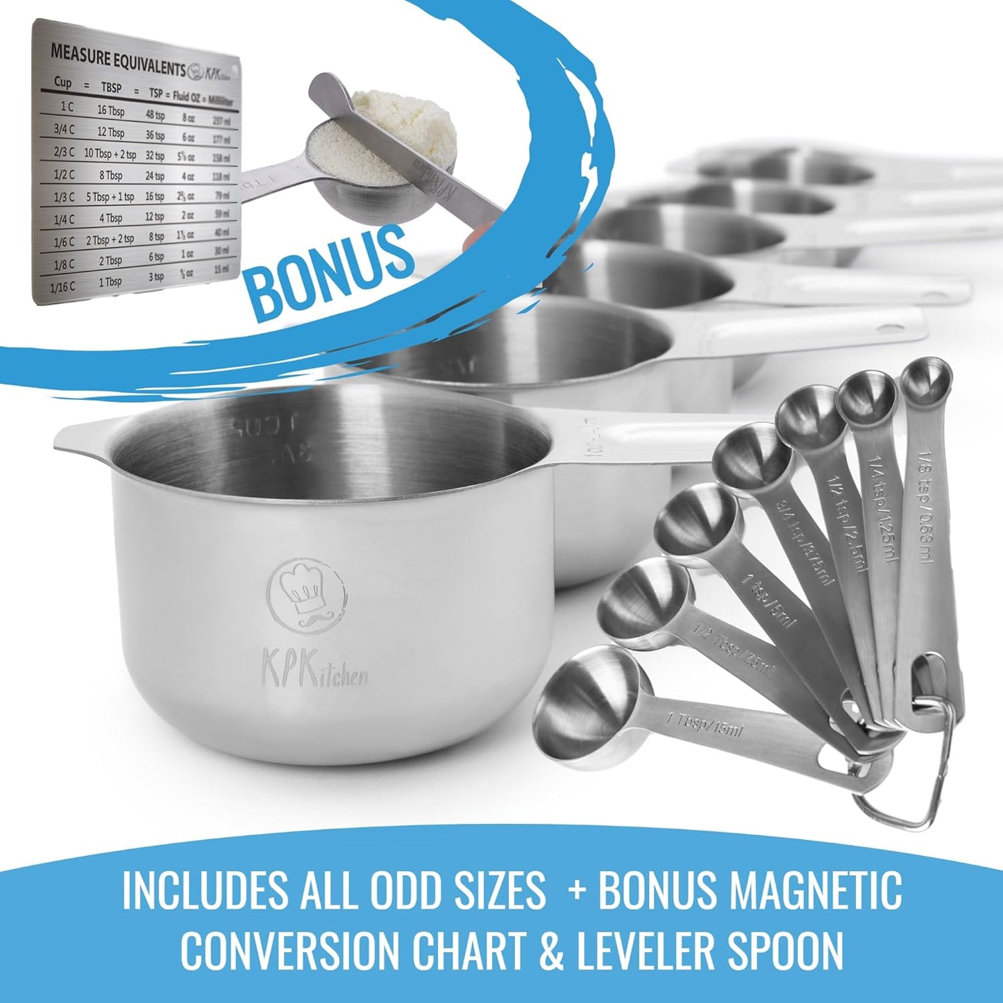Stainless Steel Measuring Cups Set by Skiennix | 16-Piece Kitchen Set with Conversion Chart & Leveler