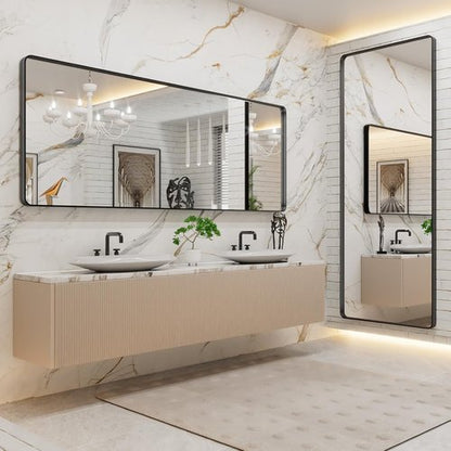 LOAAO Black Metal Framed Bathroom Mirror - Large 84x32 Inch Rounded Rectangle, Anti-Rust Tempered Glass