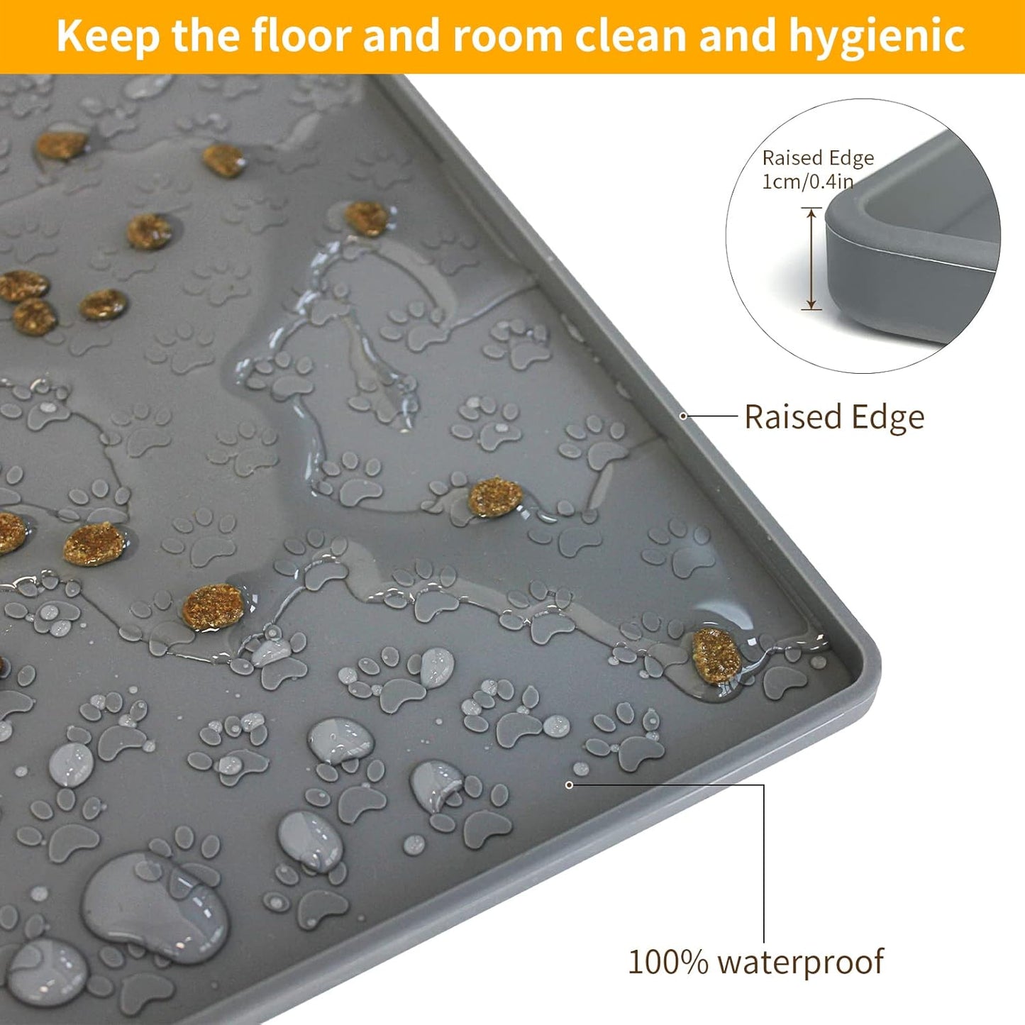 Ptlom Pet Placemat - Silicone Food & Water Mat for Dogs & Cats | Grey, 18" x 12" Size