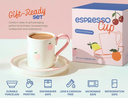 KooK Espresso Cups - Hand-Painted Porcelain Demitasse Set with Colorful Fruit Patterns | 3 oz, Set of 4