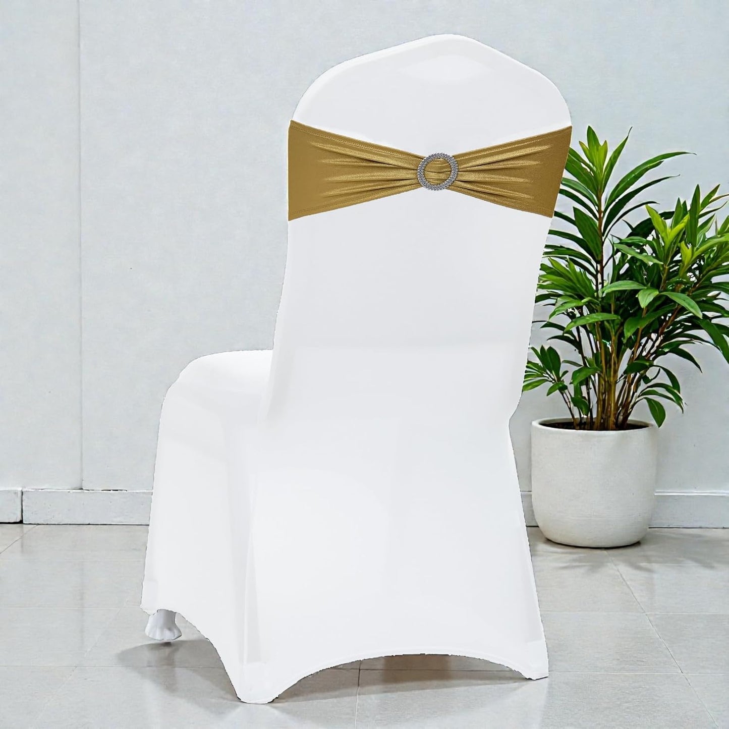 MDS Spandex Foil Chair Sashes - Universal Elastic Stretch Bands with Buckle for Weddings | Metallic Gold, Pack of 10