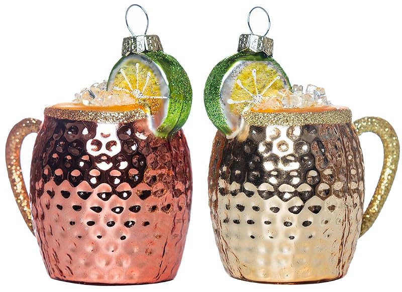 Set of 2 Glass Moscow Mule Ornament - Hand Painted Cocktail Christmas Decorations