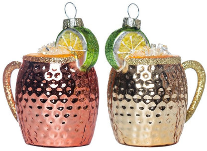 Set of 2 Glass Moscow Mule Ornament - Hand Painted Cocktail Christmas Decorations