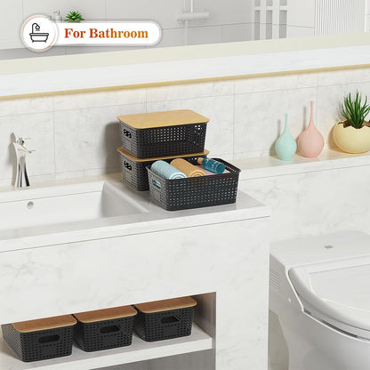 Ohmlove Plastic Storage Baskets - Stackable Containers with Bamboo Lid | 6-Pack for Organizing Home & Office