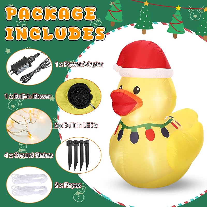 5ft Christmas Inflatable Duck with Hat, LED Lights - Classic Variation
