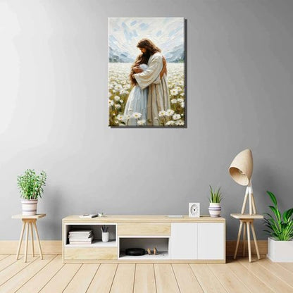Jesus Hugging Girl Canvas Wall Art - Modern Christian Healing Embrace | 12x16in Decor for Home