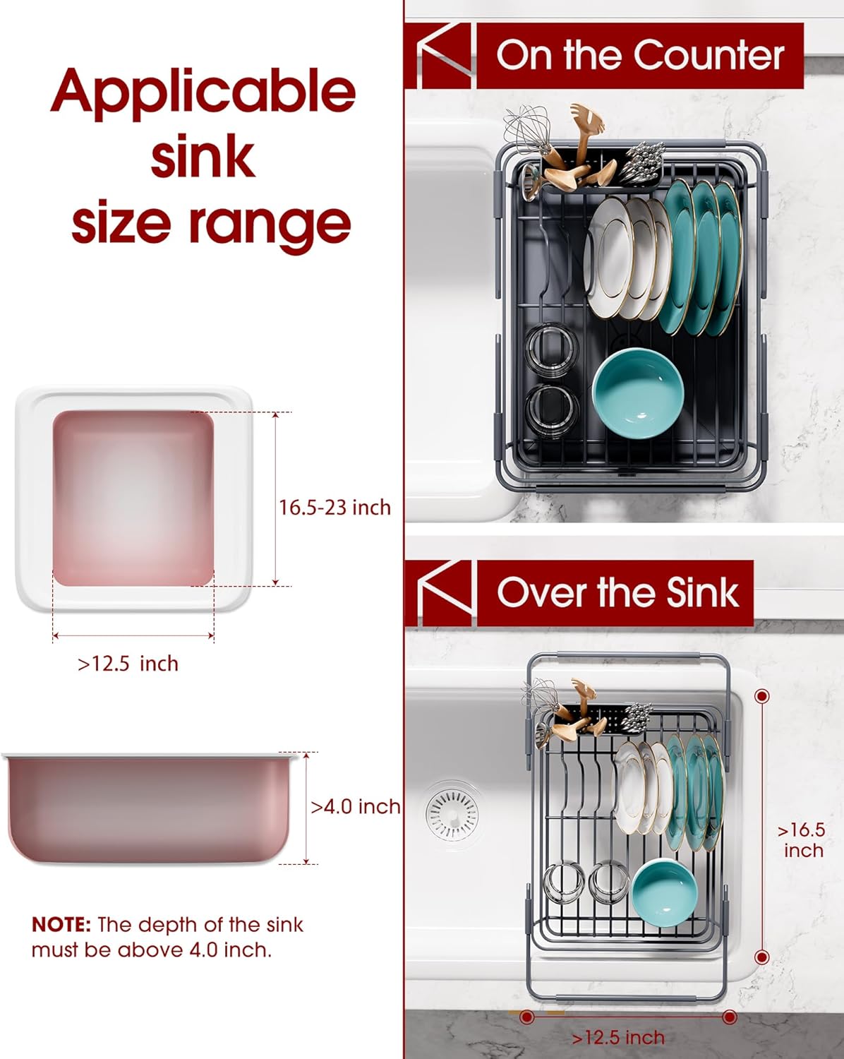 Skiennix Extendable Dish Drying Rack - Over Sink Storage with Utensil Holder | 12" W x 16.1~23" L, Gray