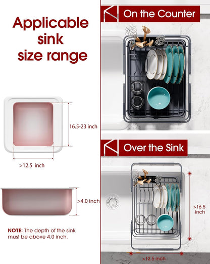 Skiennix Extendable Dish Drying Rack - Over Sink Storage with Utensil Holder | 12" W x 16.1~23" L, Gray