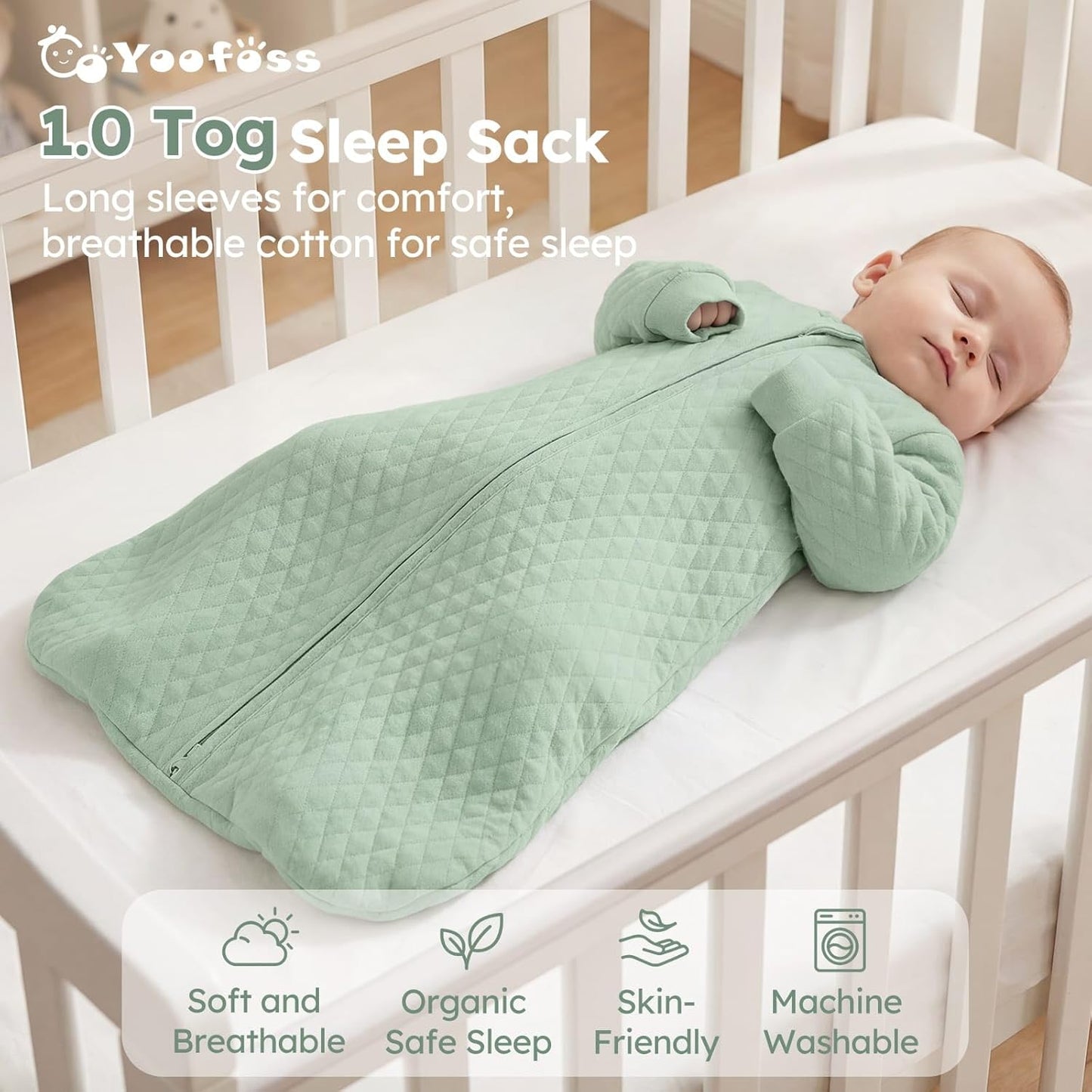 Yoofoss Baby Sleep Sack - Organic Cotton Wearable Blanket for Infants | 6-12 Months, 1.0 Tog, Long Sleeve