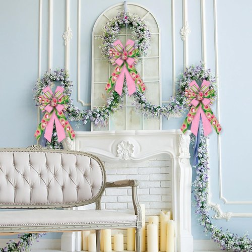 Hying Large Flower Bow - Pink Striped Burlap Craft Bow for Spring Wreaths & Easter Decor