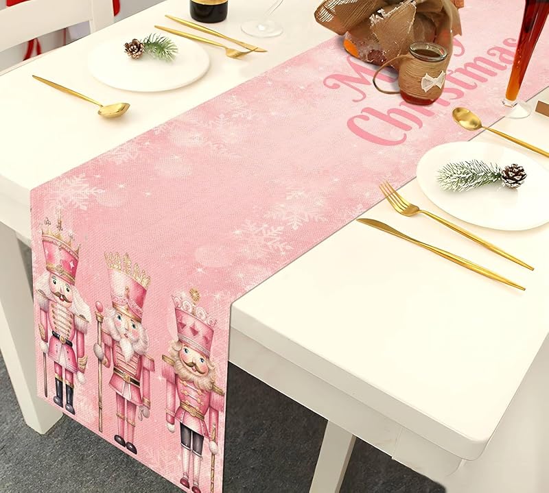 Pink Nutcrackers Table Runner 13x90in, Christmas Linen Decor