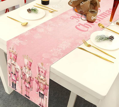 Pink Nutcrackers Table Runner 13x90in, Christmas Linen Decor