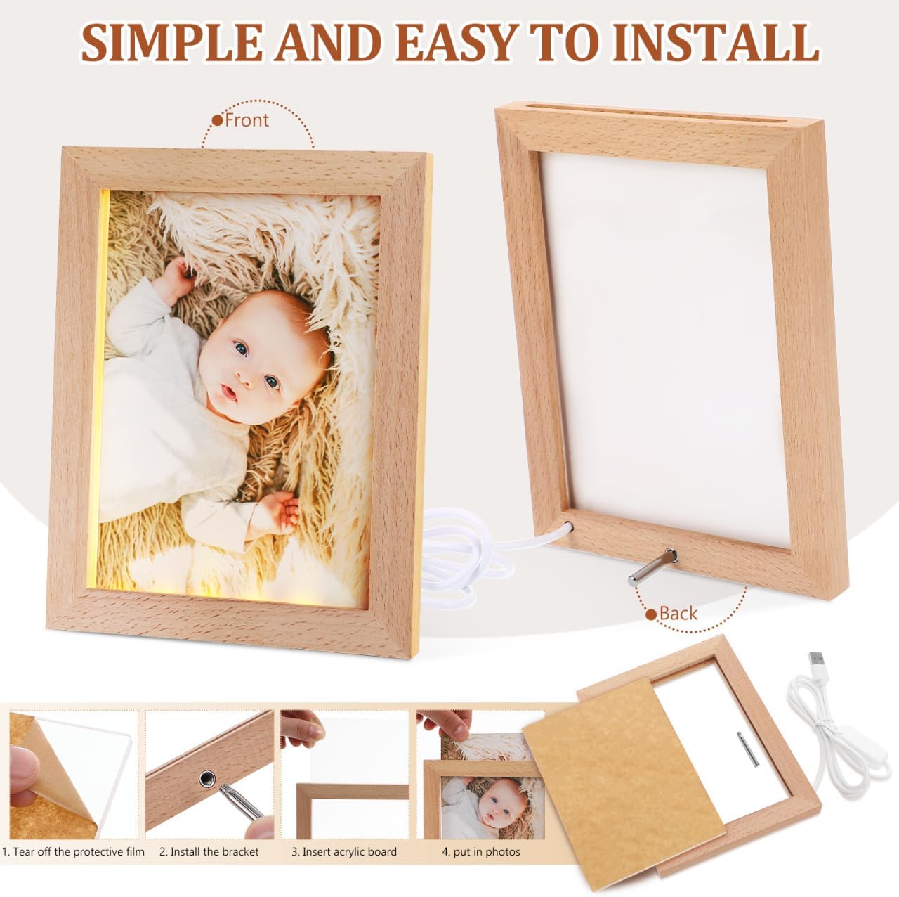 Uonlytech LED Photo Frame - Glowing Night Light Display for Pictures | Wooden USB Design