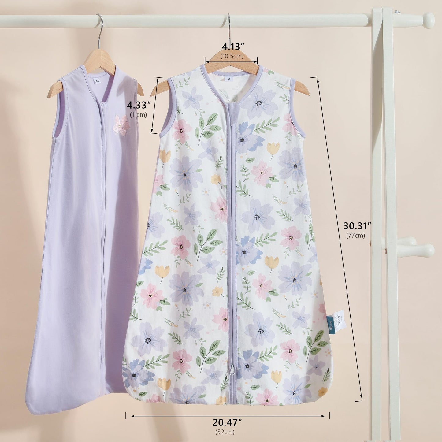 TILLYOU 2 Pack Baby Sleep Sack 6-12 Months 100% Cotton Wearable Blanket 0.5 TOG Sleeveless Summer Sleep Sacks with 2-Way Zipper, Brilliant Little Flowers and Purple
