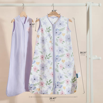 TILLYOU 2 Pack Baby Sleep Sack 6-12 Months 100% Cotton Wearable Blanket 0.5 TOG Sleeveless Summer Sleep Sacks with 2-Way Zipper, Brilliant Little Flowers and Purple