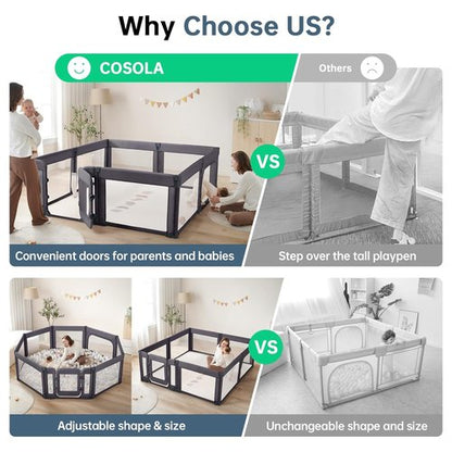 Large Baby Playpen - Adjustable 79x71 Inch Foldable Indoor & Outdoor Toddler Fence | Dark Grey