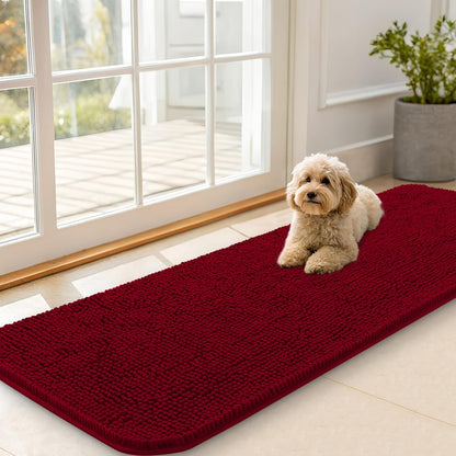 OLANLY Dog Door Mat - Absorbent Non-Slip Washable Chenille Mat for Muddy Paws | 59x20 Inches, Red