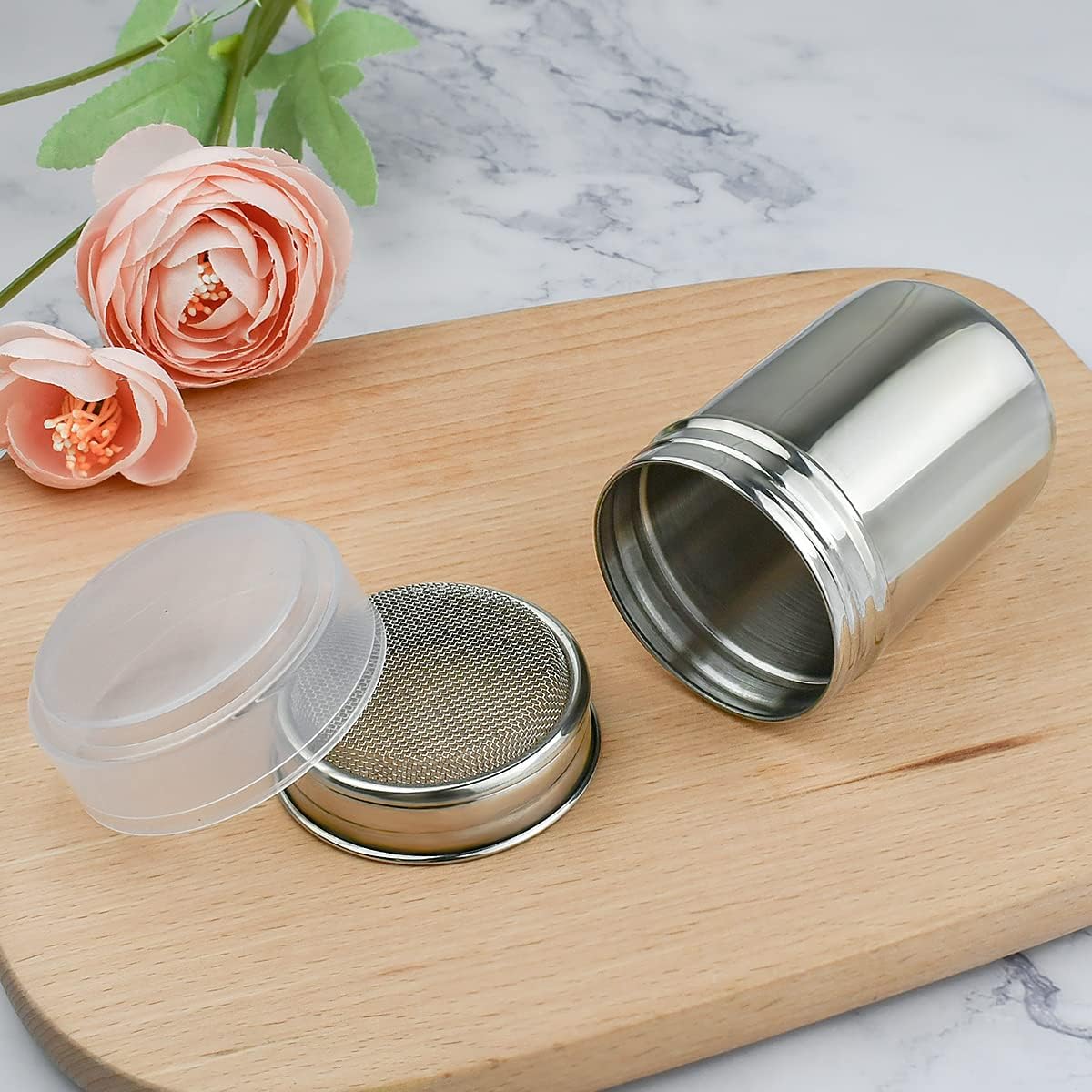 Skiennix Stainless Steel Powder Sugar Shaker - Fine Mesh Duster with Lid for Baking & Cooking