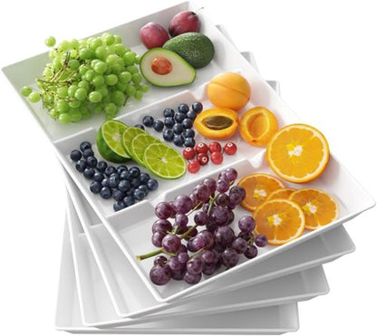 Lifewit Serving Tray Set - 4 Divided Plastic Platters for Food | 15" x 10" White Reusable Trays for Snacks & Desserts
