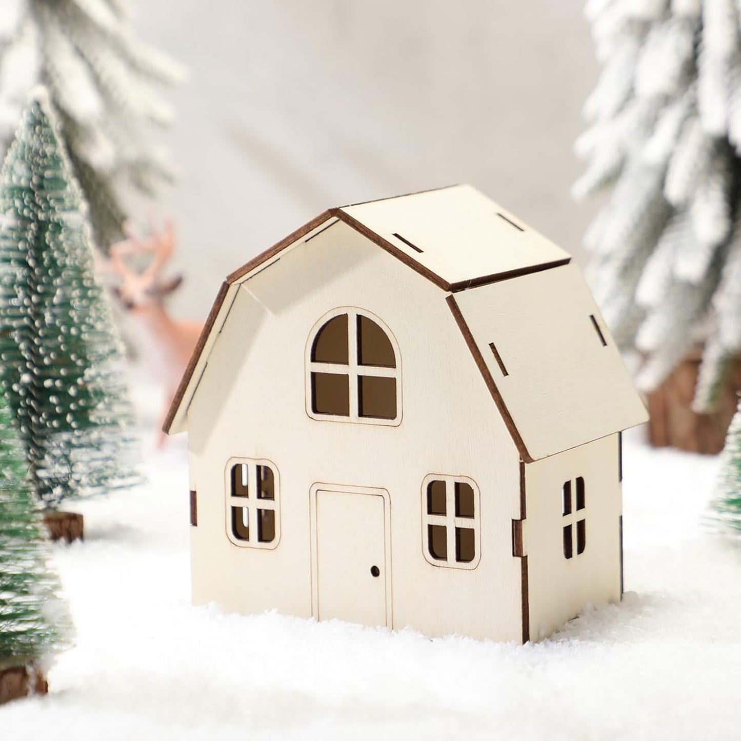 Wonderjune Christmas Village Set - 3 Piece DIY Wooden House Craft Kit for All Ages | 8 Inch Size