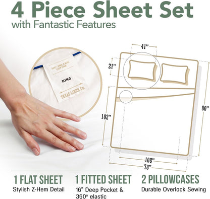 Texas Linen Co. Organic Cotton Percale Sheets - King Size 4-Piece Set | Soft, Crisp & Cooling, GOTS Certified