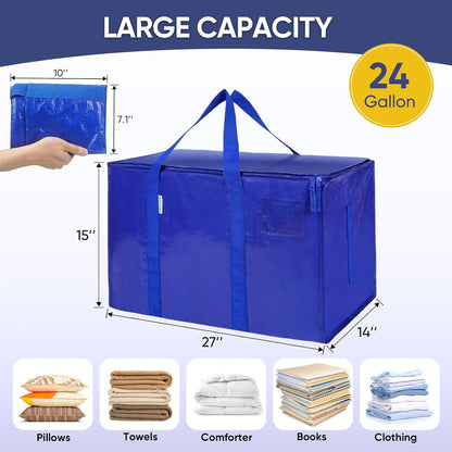 TICONN Extra Large Heavy-Duty Moving Bags - Durable Storage with Zippers & Handles | 6 Pack, Blue