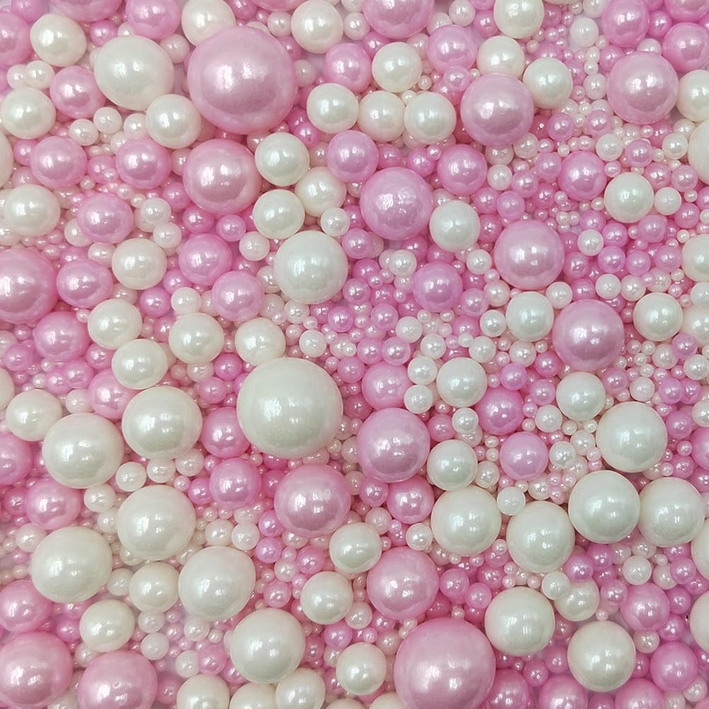 Skiennix Edible White & Pink Sugar Pearls | 120g Baking Sprinkles for Cakes & Cupcakes