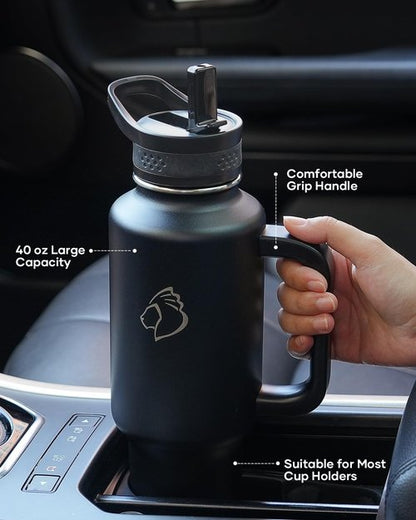 BUZIO Insulated Water Bottle - 40oz Metal Travel Tumbler with Handle & Flip Straw | Leakproof & Dishwasher Safe, Black