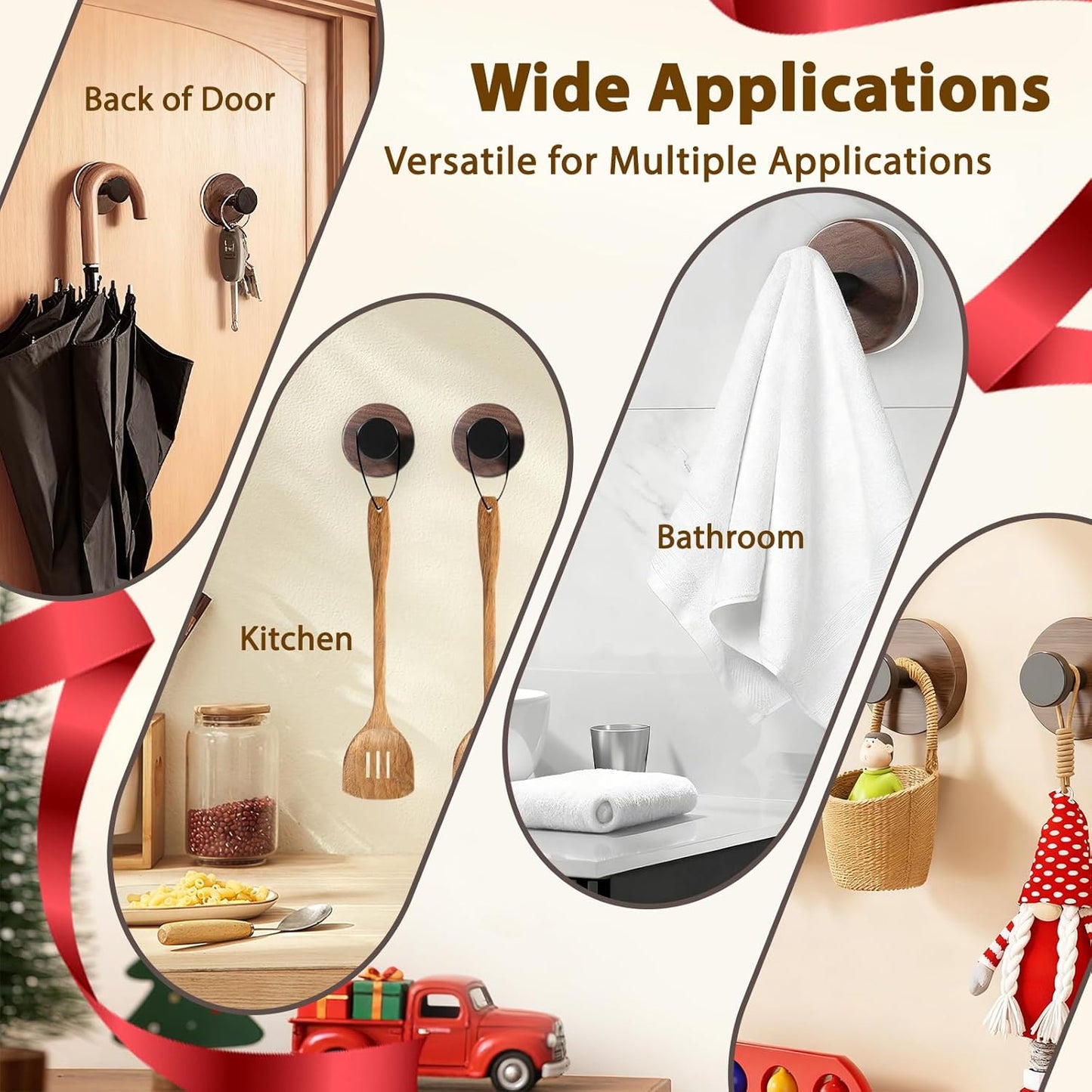 Walnut Wreath Hanger - Heavy Duty Suction Cup Hook for Front Door | 2-Pack for All Seasons