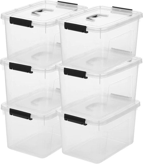 Clear Storage Latch Box 12 Quart - Durable Plastic Organizing Bin with Lid & Black Handles | 6-Pack