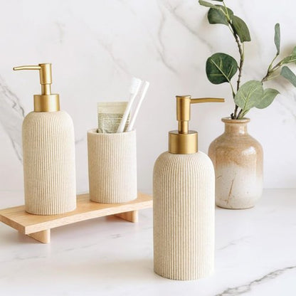 Lunestella Hand Soap Dispenser - Luxury Sand Beige Design with Matte Gold Pump | 7oz Rust-Proof Multiuse