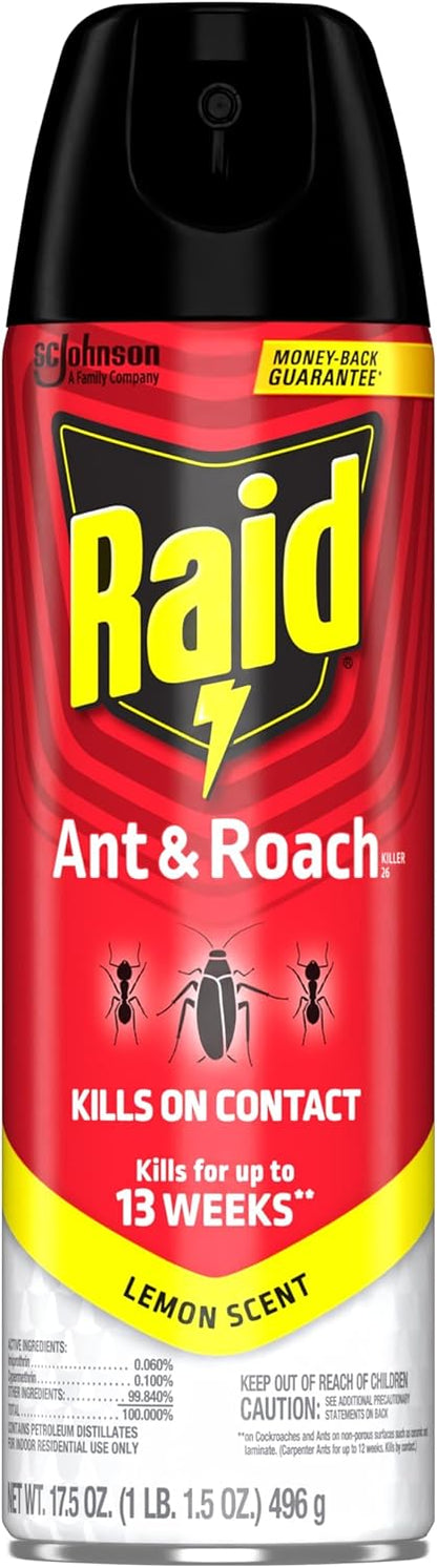 Raid Ant & Roach Killer Spray - Long-Lasting Lemon Scent Formula for Effective Bug Control | 17.5 oz