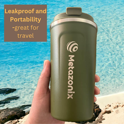 Metazonix - Travel Coffee Mug - 17oz Stainless Steel Coffee Mug - Coffee Travel Mug Spill Proof Leak Proof - Insulated Coffee Mug With Lid - Travel Coffee Tumbler - BPA Free Army Green