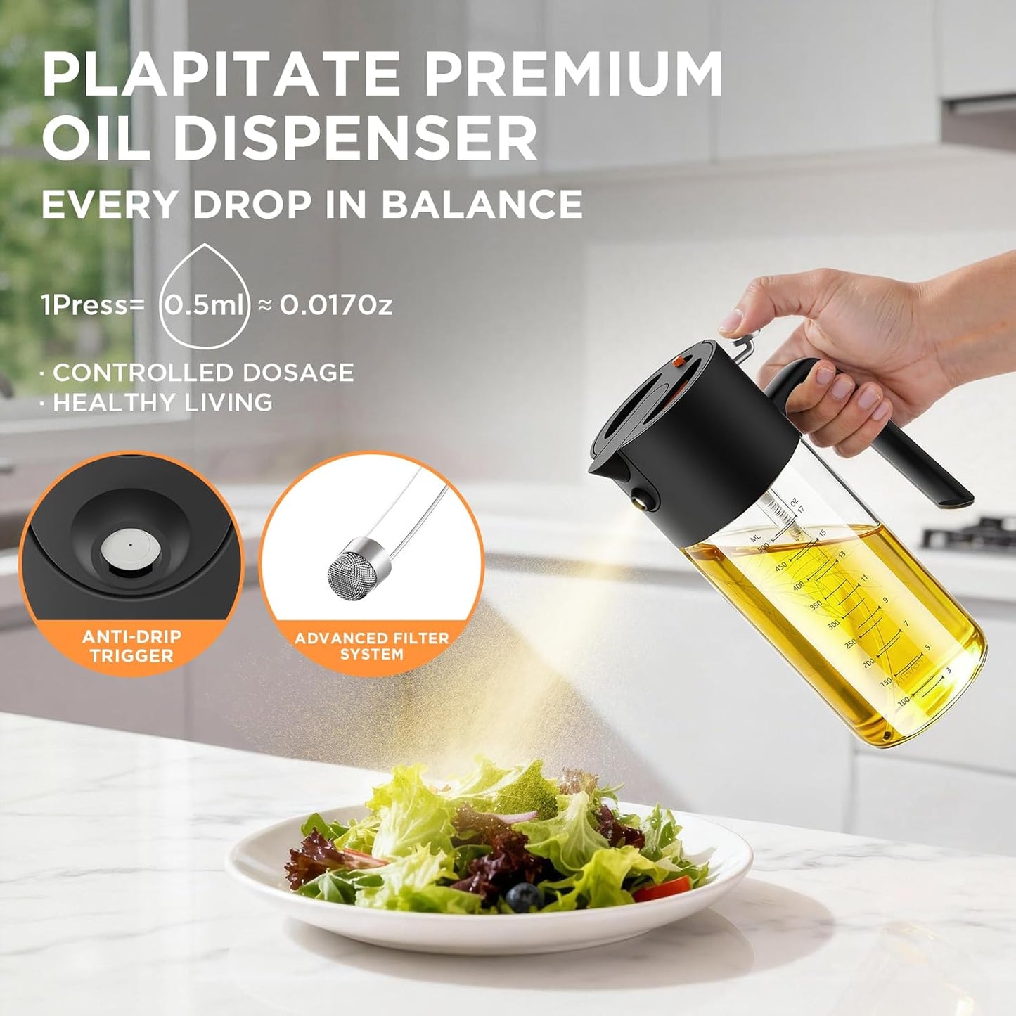 PLAPITATE Premium Olive Oil Sprayer - 2-in-1 Glass Dispenser with Portion Control | 17oz/500ml Black