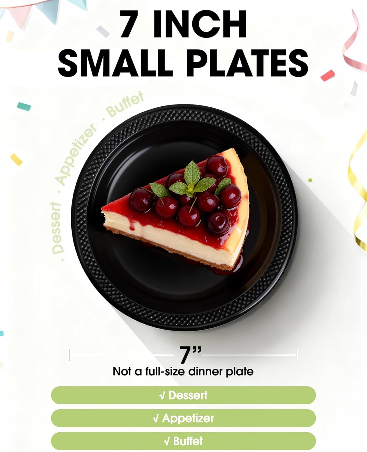 Pureegg 7-Inch Black Plastic Dessert Plates - 100-Count Disposable Party Plates | BPA-Free for BBQs & Picnics