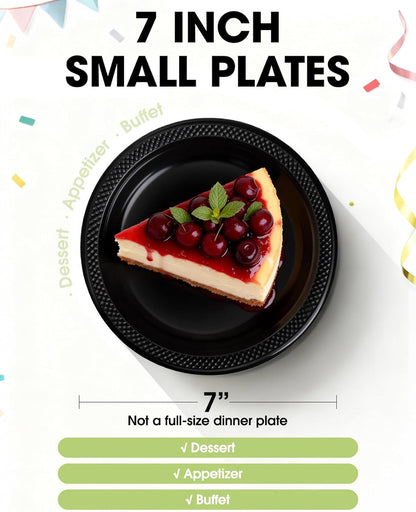 Pureegg 7-Inch Black Plastic Dessert Plates - 100-Count Disposable Party Plates | BPA-Free for BBQs & Picnics
