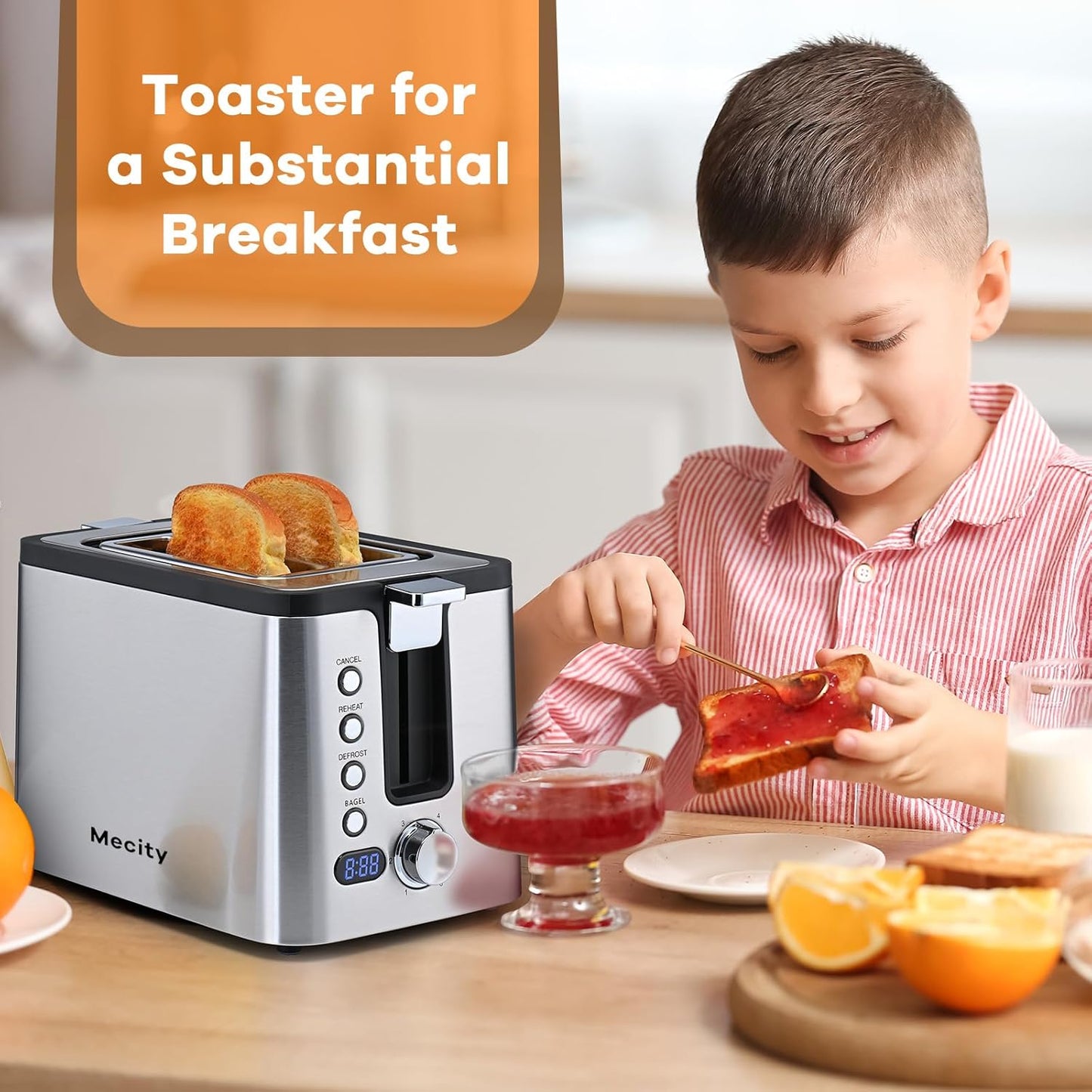 Mecity 2-Slice Stainless Steel Toaster - Timer, Bagel & Defrost Functions | 800W with Extra Wide Slots
