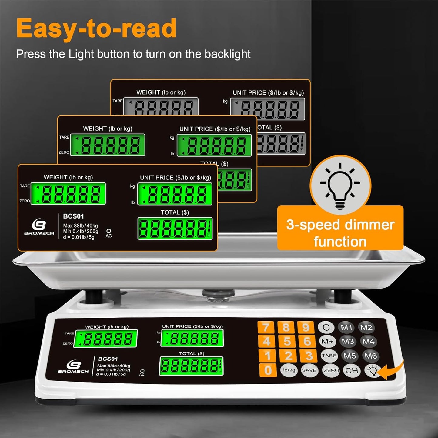 Price Computing Scale - 88lb Commercial Food Scale with Stainless Steel Platform & LCD Display